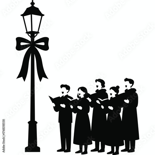 Silhouetted Carolers Singing Beneath a Lamppost Adorned with a Festive Bow — Classic Holiday Scene Evoking Community, Tradition, and Warmth