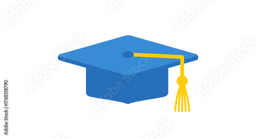 A blue graduation cap with a yellow tassel sits on a white background.