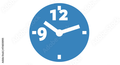 A simple blue analog clock shows the time is approximately ten minutes to ten.