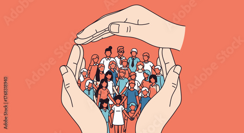 Two hands gently cradle a diverse group of people, symbolizing care and community.