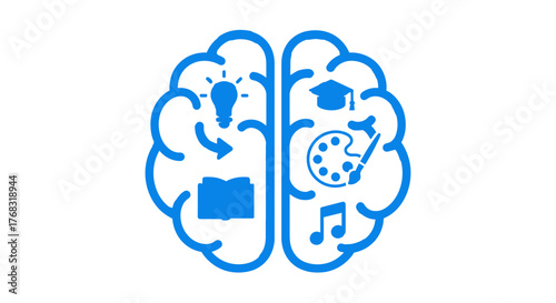 Illustration of a stylized brain divided into sections representing different areas of knowledge and creativity.