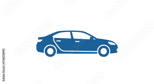 A blue sedan car icon is depicted on a white background, symbolizing transportation.