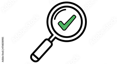 A magnifying glass with a green checkmark inside, symbolizing verification and accuracy.
