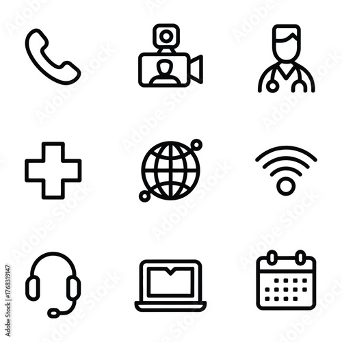 Telemedicine Icons Set With Phone Video Call Doctor Globe WiFi illustration vector