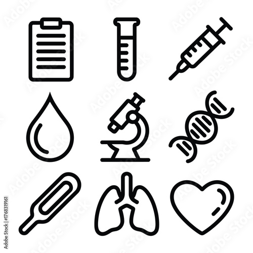 Medical Science Icons Set With Clipboard Test Tube Syringe DNA illustration vector