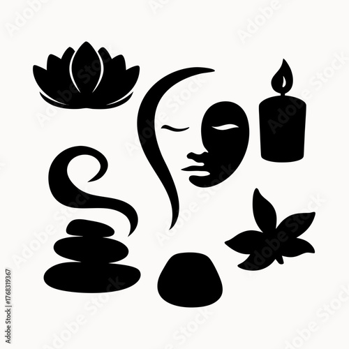 Black and white spa elements including a lotus flower, face, candle, leaf, and stacked stones design