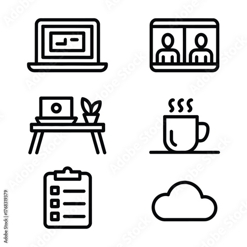 Collection of five black and white icons for remote work and office life Keywords: laptop