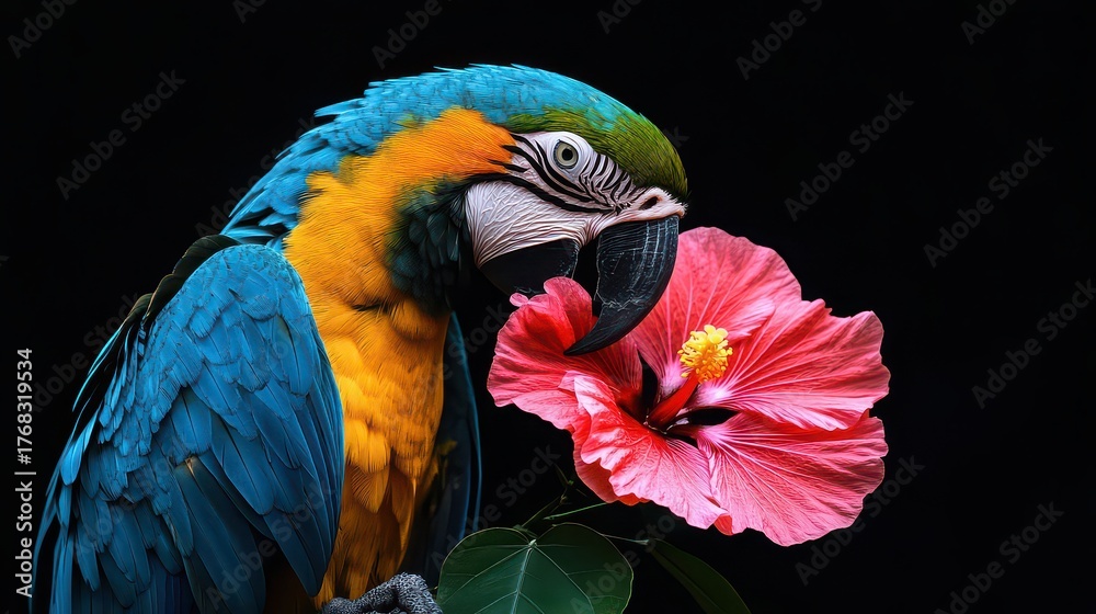 Obraz premium Blue and gold macaw with pink hibiscus flower on black background