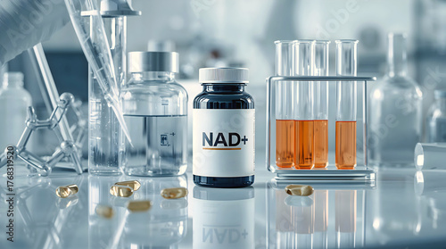 High quality NAD⁺ supplement bottle with capsules in modern scientific laboratory, biotechnology anti aging research, cellular energy and longevity concept