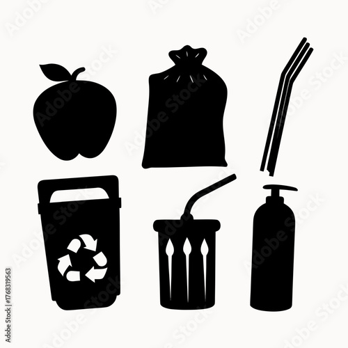 Black silhouettes of an apple, trash bag, recycling bin, straws, cup with straw, and soap dispenser
