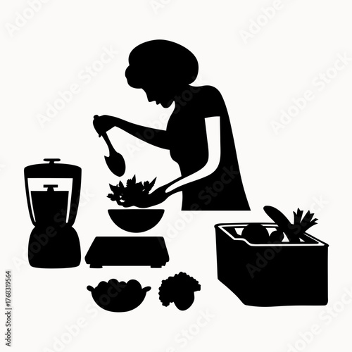 Silhouette of a woman preparing salad with vegetables and a blender on a white background scene in kitchen