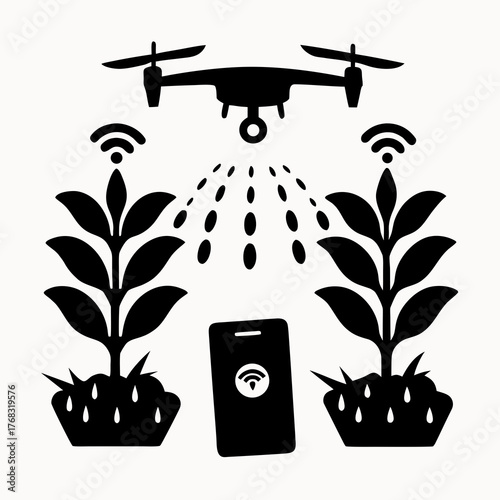 Drone spraying crops with a mobile phone and plants with wifi signals in black and white illustration