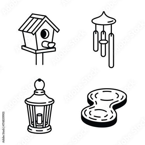 Birdhouse wind chime lantern and stepping stone icons on white background bird feeder lamp