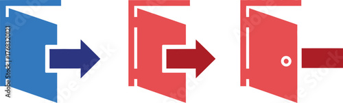 Three sequential icons depict a process of opening a door and moving through it.