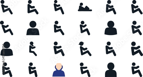 A collection of pictogram icons representing people in various seated positions and poses.