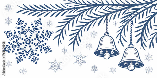 Winter vector illustration with a fir tree branch, hanging bells, and a large decorative snowflake on a snowy background.