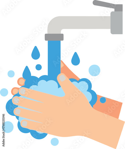 Hands are being washed under a running faucet with soap and water.