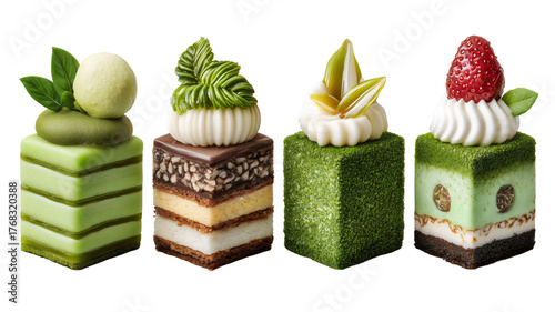 Collection of matcha french cakes petit four isolated transparent background, gourmet green tea dessert.