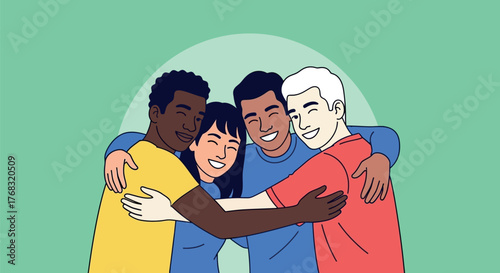 Diverse group of friends embracing each other with smiles and warmth, symbolizing unity.