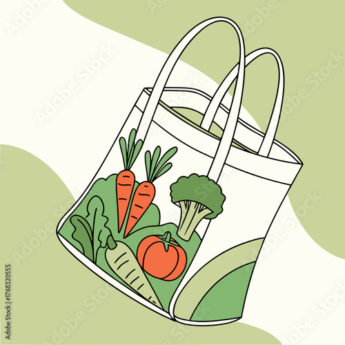 Illustration of a reusable grocery bag filled with fresh vegetables