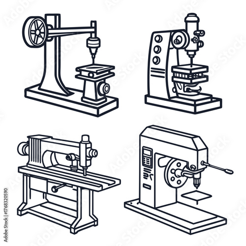 Illustration of diverse industrial drilling and sewing machines