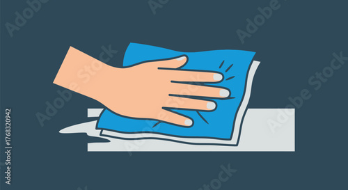 A hand holds a blue cloth and wipes a surface with a wet spot.