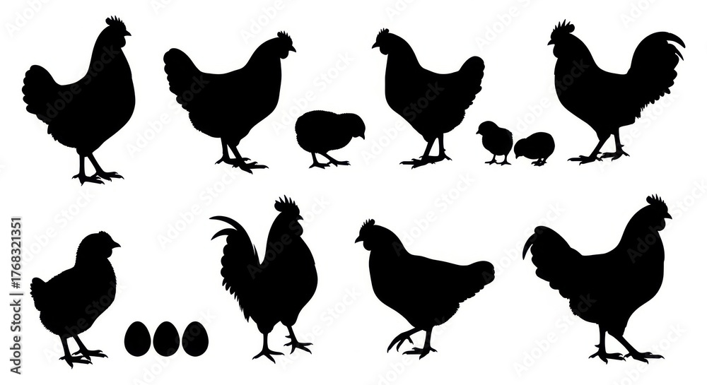 © Maxpoint Imran - Collection of black silhouettes of chickens roosters hens and chicks on a white background