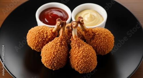 Crispy golden chicken lollipops served with ketchup and mayonnaise on a black plate