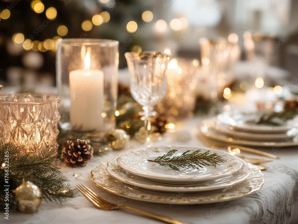 Naklejka premium elegantly set christmas dining table with candles