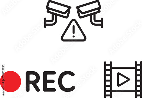 CCTV Monitoring, Warning, and Recording Vector Icons