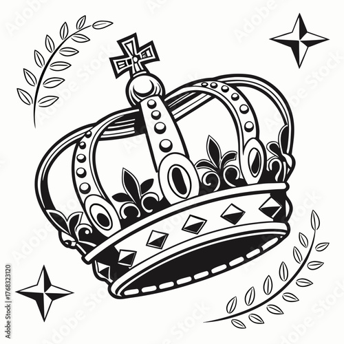 Royal crown with laurel branches and stars illustration king queen