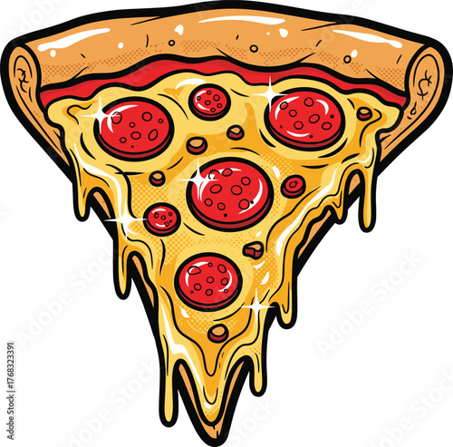 Comic Style Pepperoni Pizza Slice with Dripping Cheese Vector, Vintage Pop Art Fast Food Illustration