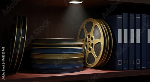 Film reels displaying in a dark storage space