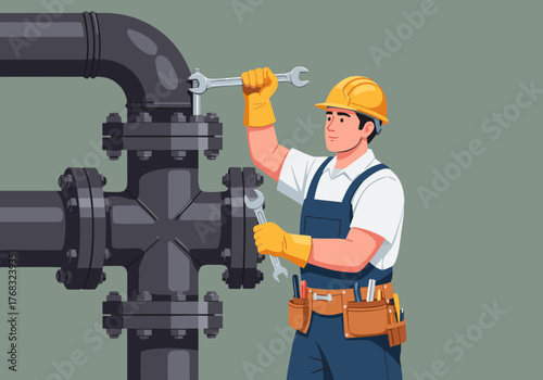 Plumber in Action Vector Illustration of a Skilled Professional Fixing Plumbing System with Wrenches