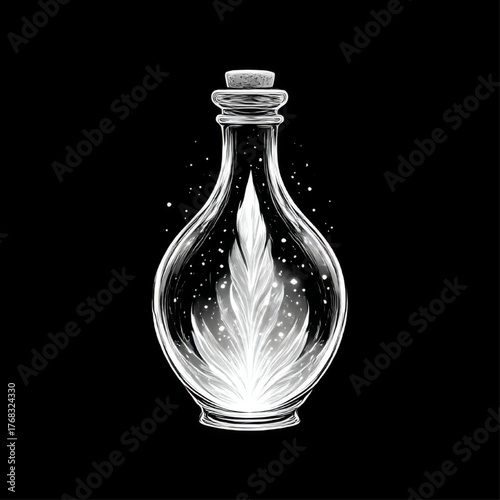 Minimalist line art illustration of a corked bottle containing a glowing feather, clean black and white, representing bottled magic and pure spirit.