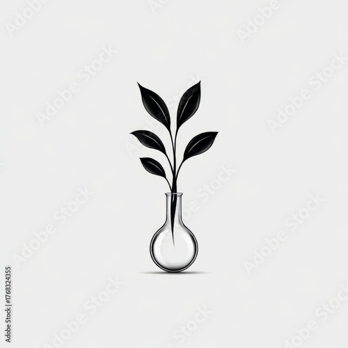 Minimalist abstract silhouette of a plant growing in a round bottom flask, clean black and white, representing botanical science, eco-technology, and natural growth.