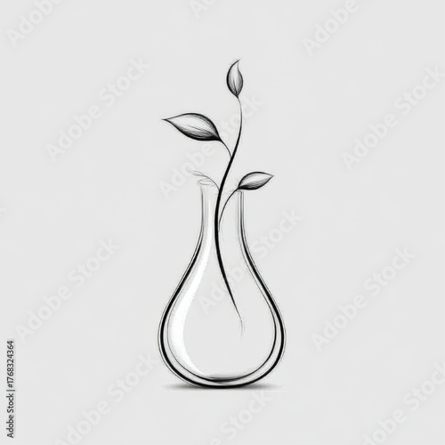 Minimalist line art sketch of a plant sprout growing inside a glass flask, simple black and white, representing chemical biology and new life concept.