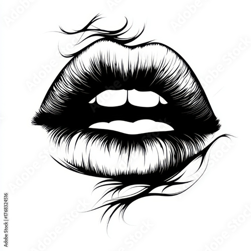 Dramatic sensual close-up illustration of wet parted lips with detailed hair-like strands, black and white, representing beauty, passion, and artistic style.