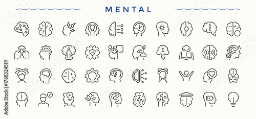 Mental linear icon collection. Minimalist icons collection. Related to mind, ai, brain. Editable stroke. Vector collection. Head icon set.