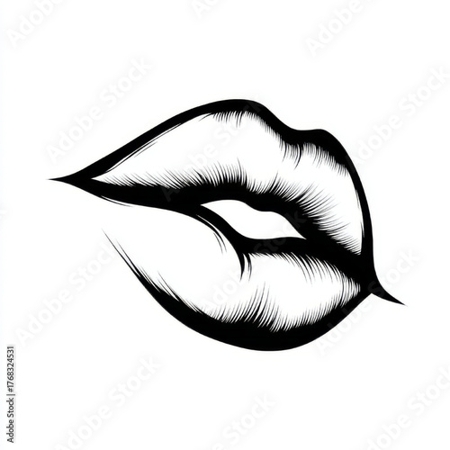Detailed line art illustration of plump lips in a kissing gesture, black and white, representing sensual makeup and artistic drawing.