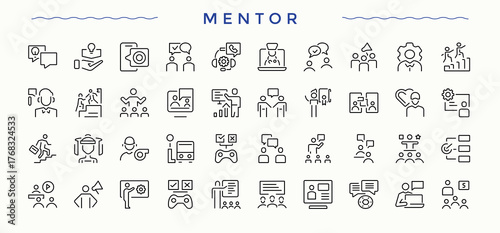 Mentor line icon set. Coach icon pack. Contains outline symbols like train, counselor, man, trainer, leadership, leader and more. Pictogram and infographic.