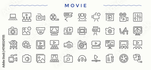 Movie icon collection. Modern linear icons. Entertainment icon set. Contain linear symbols audio and video, audio, entertainment, video, media, cinema, music and more.