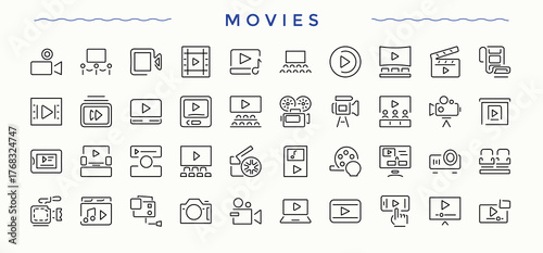 Movies icon set. Video perfect for logos and infographic. Modern linear icons. Movie vector icon set. Signs for web and mobile app.