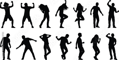 Dance silhouette vector set, black figures in motion, diverse poses, energetic styles, perfect for choreography, performance art, posters, branding, design