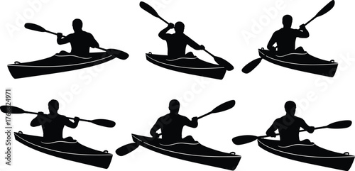 Kayak paddler silhouette vector set, black and white water sport poses, perfect for outdoor branding, adventure design, signage, education, recreation