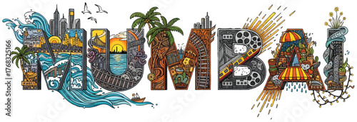 Doodle Art Typography Representing Mumbai Cityscape and Culture