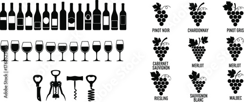 Wine vector bundle, bottles, glasses, corkscrews, grape varieties in black and white, perfect for wine education, branding, packaging, decor, design