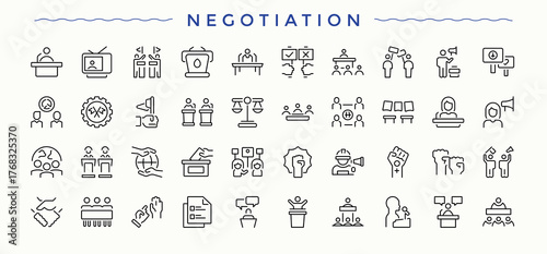 Negotiation icon set in linear style. Business Relationship minimal icons set. Minimalist editable vector stroke. Collaboration icon set. Editable stroke.