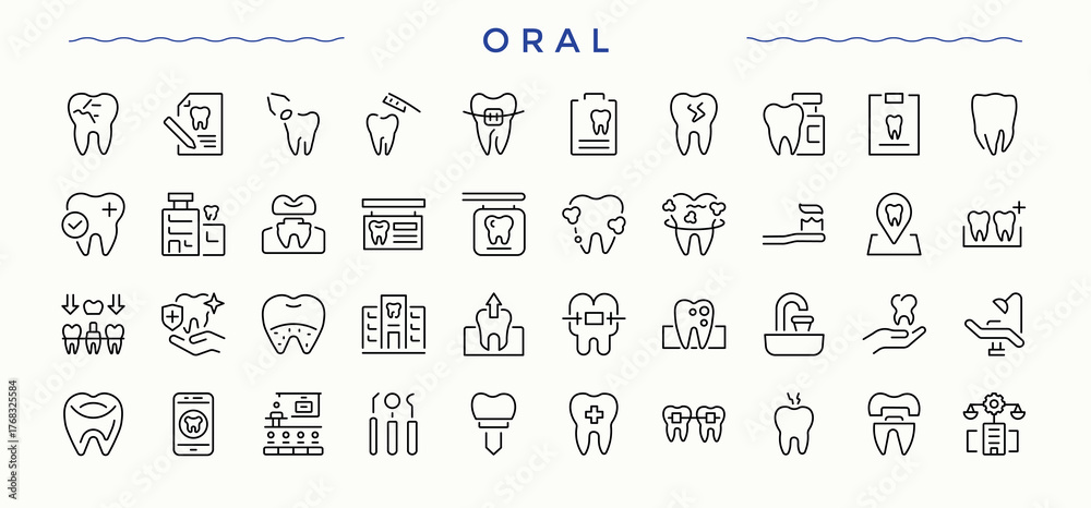Oral linear icon set. Dentistry icon set in linear style. Thin line icons set. Includes symbols for health, medical, hospital, treatment and more. Pictogram and infographic.