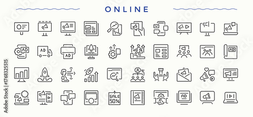 Online Class line icon set. Outline icons pack. Art and illustration. Online Education icon set. Contains such symbols as school, education, learning, study, webinar, web and more.